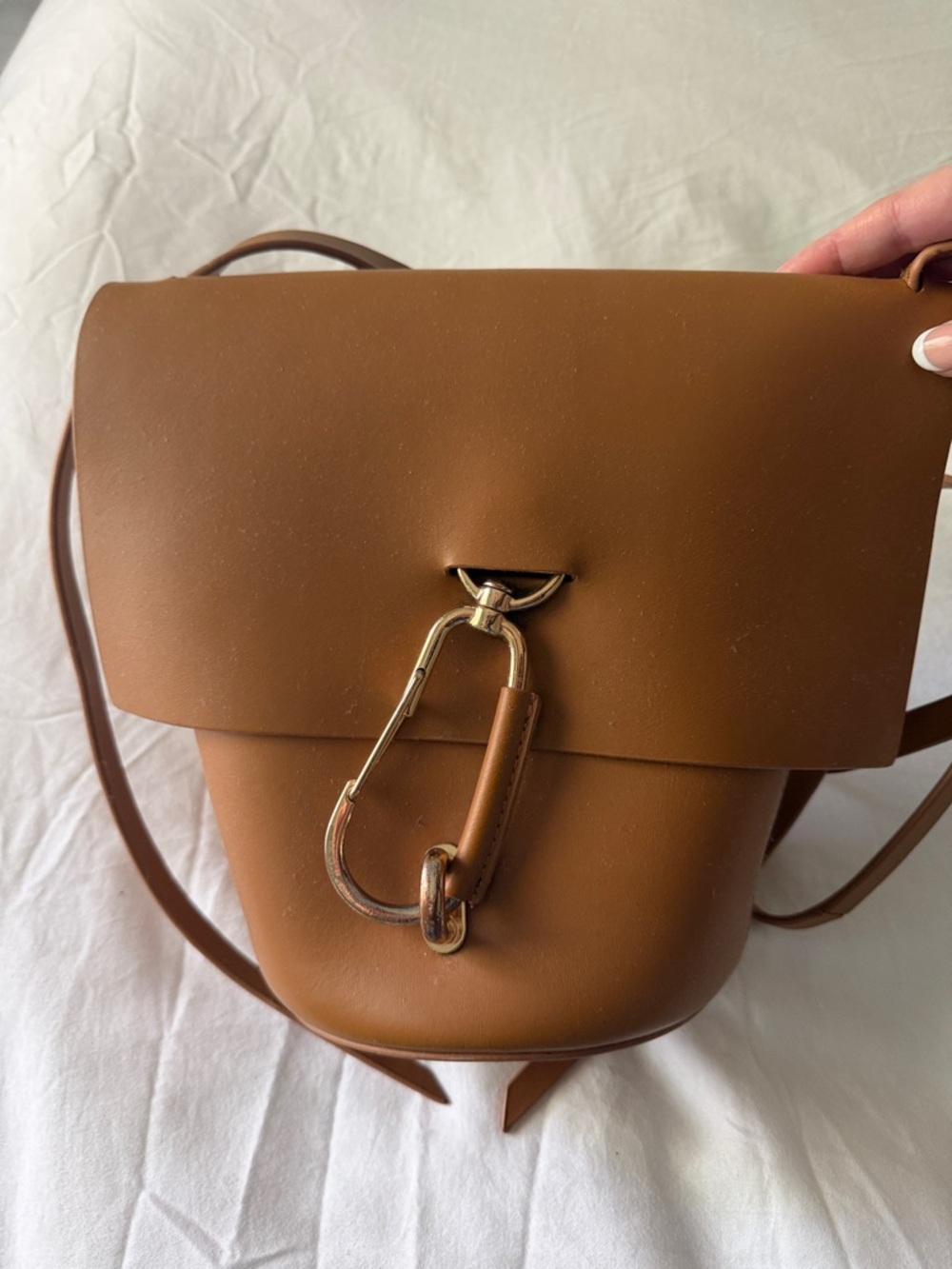 Zac Posen Belay Caramel Brown Leather Crossbody with Gold Carabiner Detail